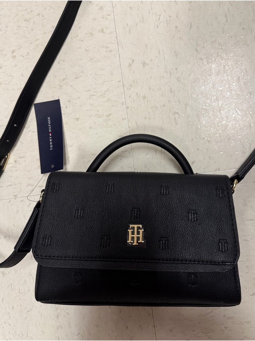 Tommy Hilfiger Embossed Top Handle Crossbody Bag – Black